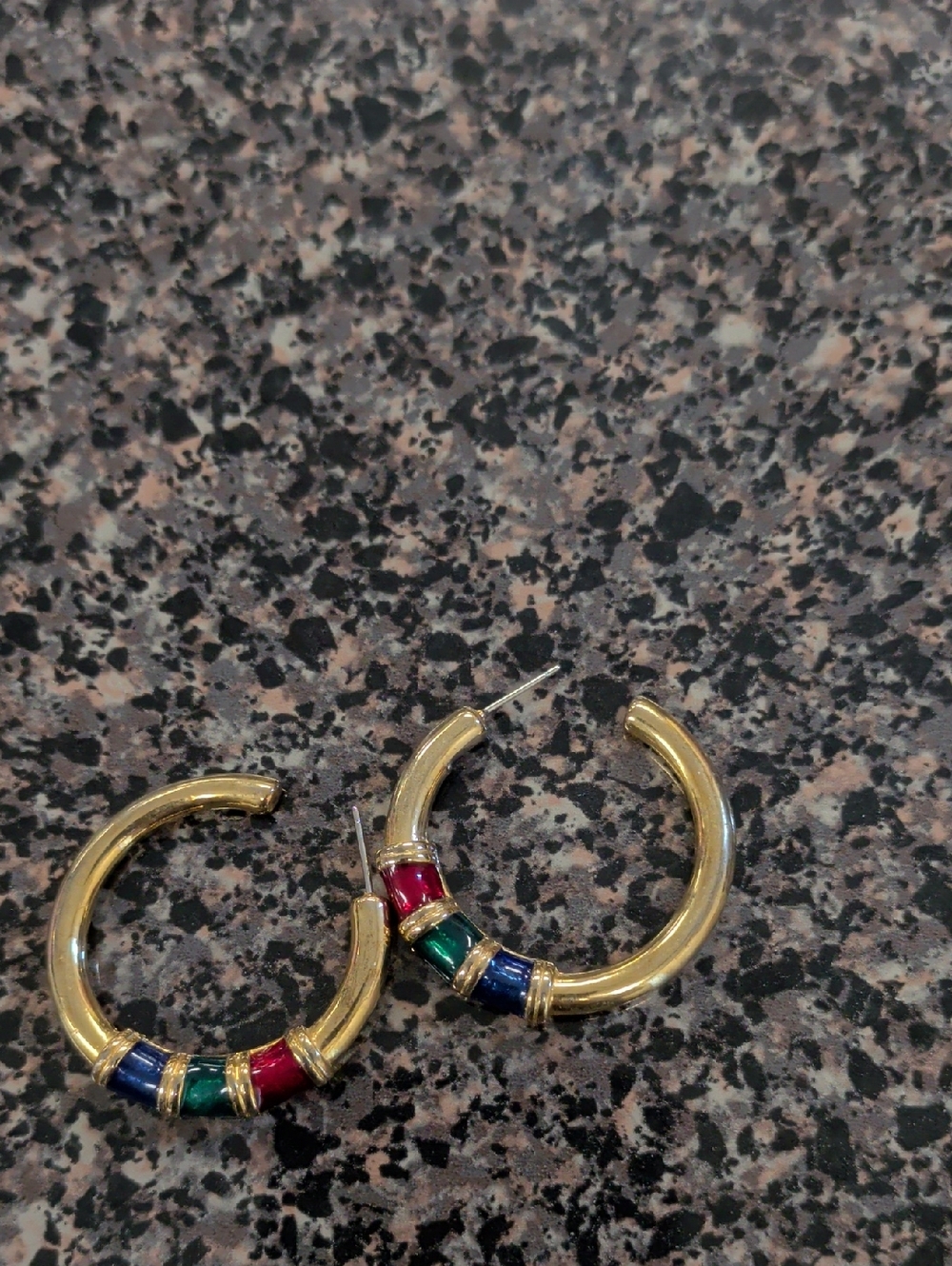Gold Hoop Earrings with Red, Green & Blue Enamel Accents